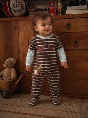 Vintage Baseball Footie Pajamas 18–24M Brown Striped “BASE BALL” One Piece Y2K